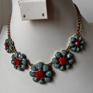 Liz Claiborne floral statement necklace/ red & blue stones / gold tone